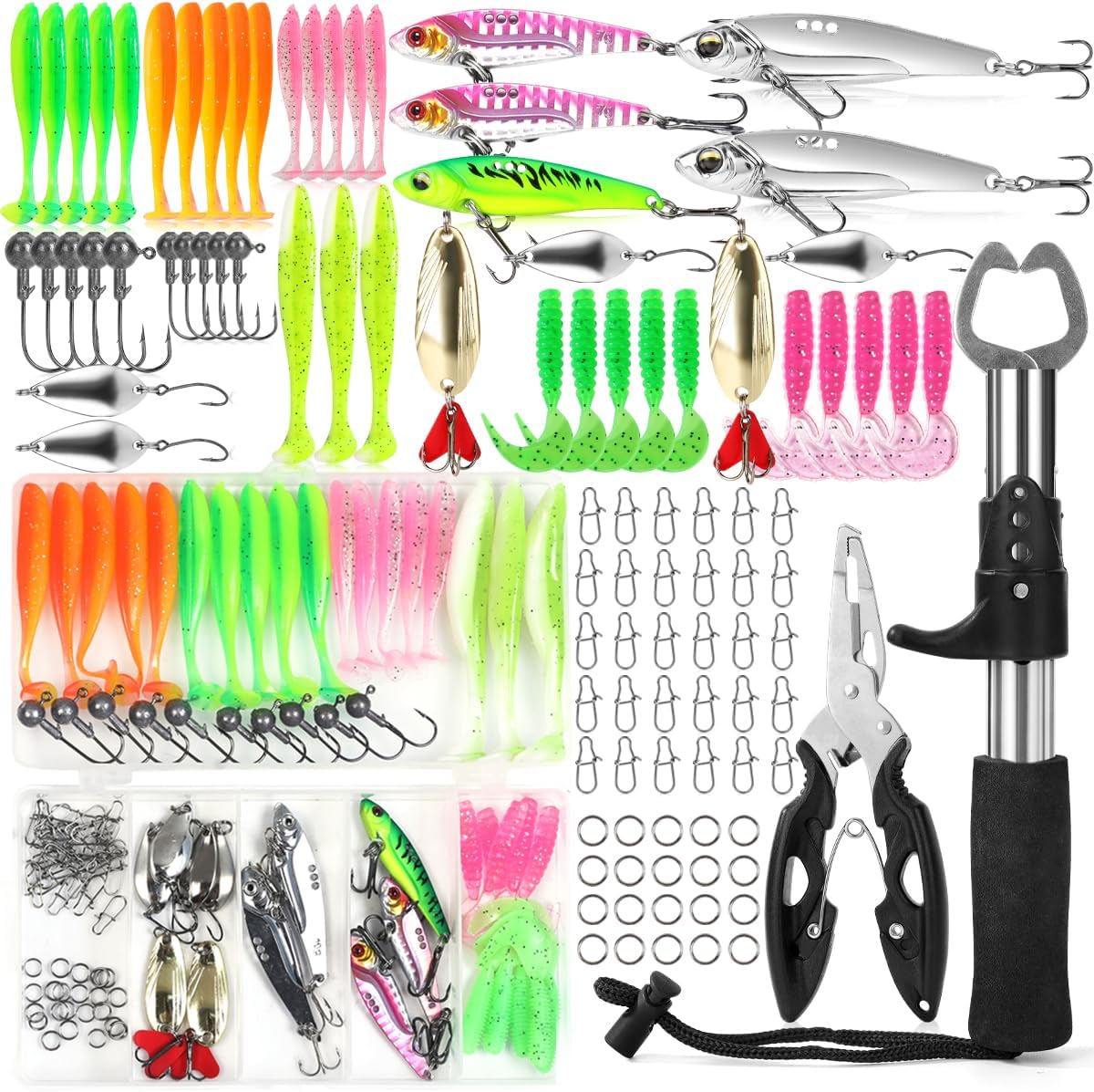 101  Fishing Lure Kit with Fish Lip Gripper Fish Controller Hard and Soft Lures Hooks Jig Heads Weights and Accessories Complete Fishing Gear Set for Freshwater and Saltwater Ideal Gift for Men