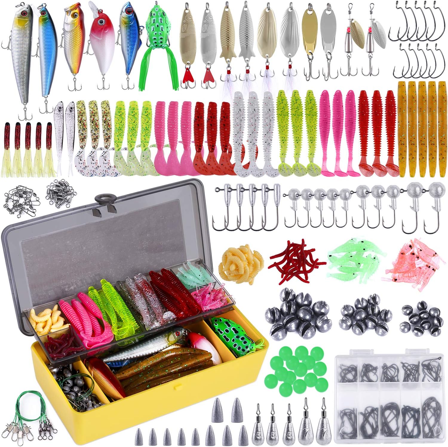 Fishing Lures Baits Tackle Including , Spinnerbaits, Plastic Wo, Jigs,  Lures, Tackle Box and More Fishing Gear Lures Kit Set, 102/302 Fishing Lure Tackle
