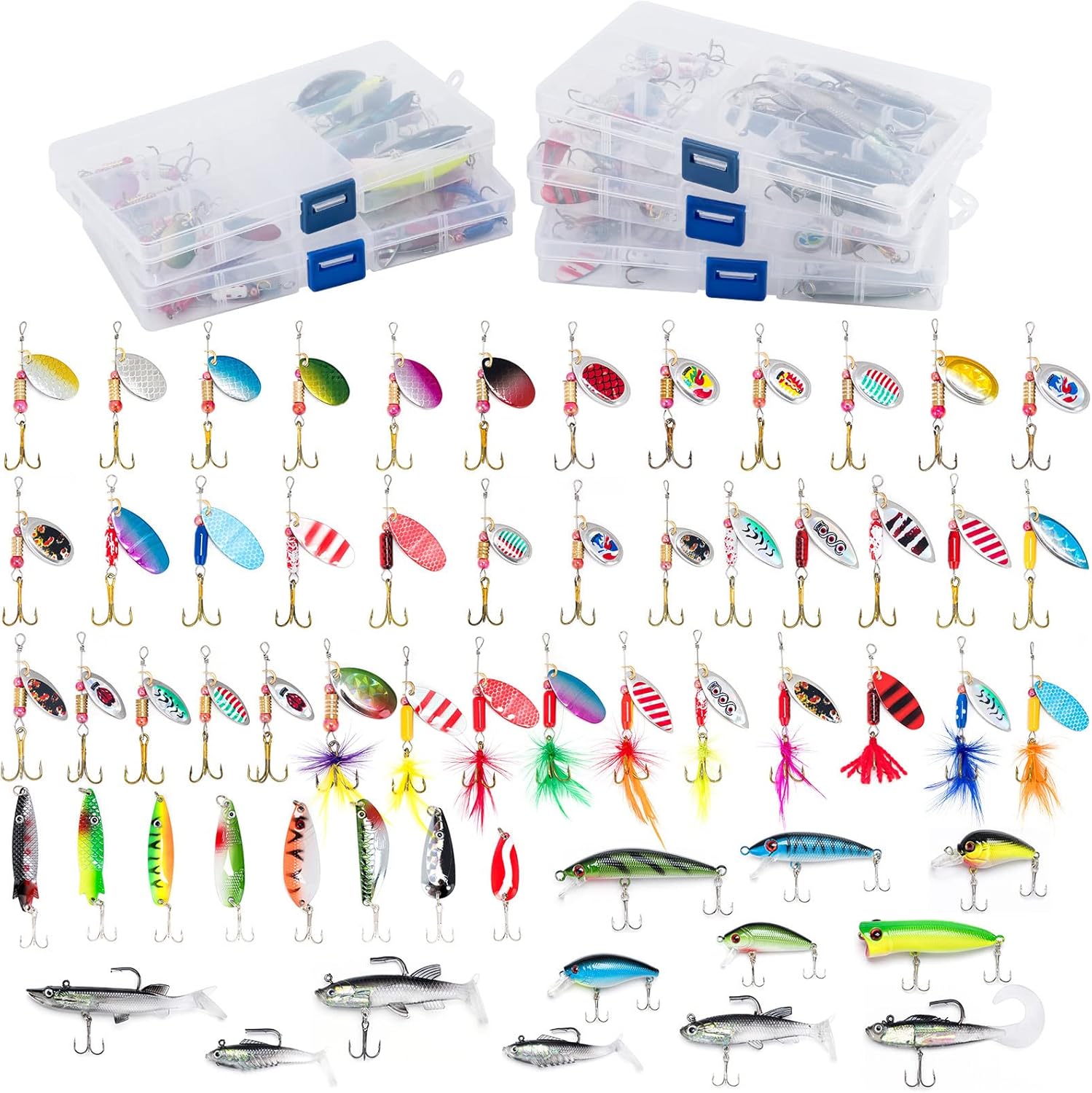 60 Pieces Fishing Lures Kit, 5 Box with Tackle Included, Spinnerbait Set Rooster Tail Trout Bass Freshwater Crappie Walleye Bait Assorted