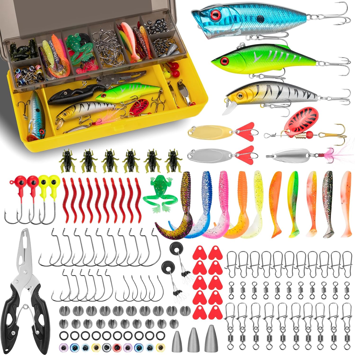 Fishing Lures, 144 Tackle Box Included , Spoon, Hooks, Jigs, Weights and More Other Accessories, Fishing Bait Lure Gear Kit Gifts for Men Bass Freshwater