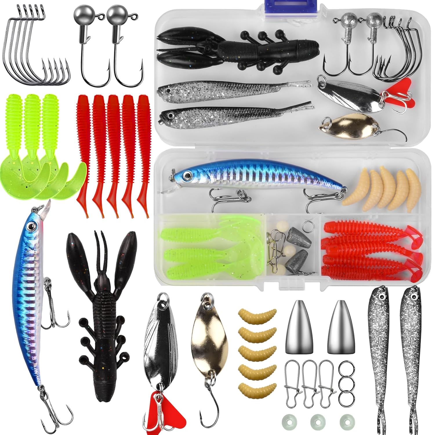 Fishing Lures Tackle Bait Kit Set - Comprehensive Fishing Lures Kit for Trout Bass Salmon - Includes Plastic Shrimp, Worm Bait, Spoon, and  Jigs