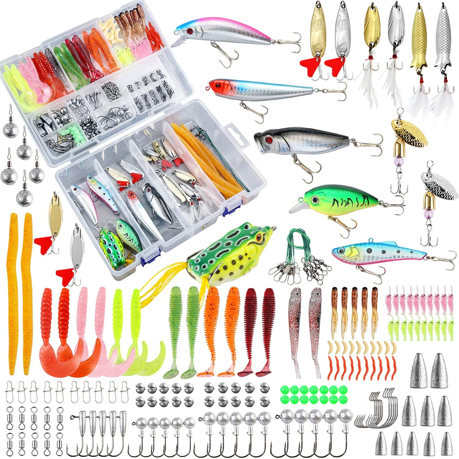 Fishing Lures Tackle Bait Kit Set, Tackle Box with Tackle Included, , Wo, Spinner, Weights, Hooks & Other Accessories for Freshwater Bass Trout Fishing Gear Gifts for Men