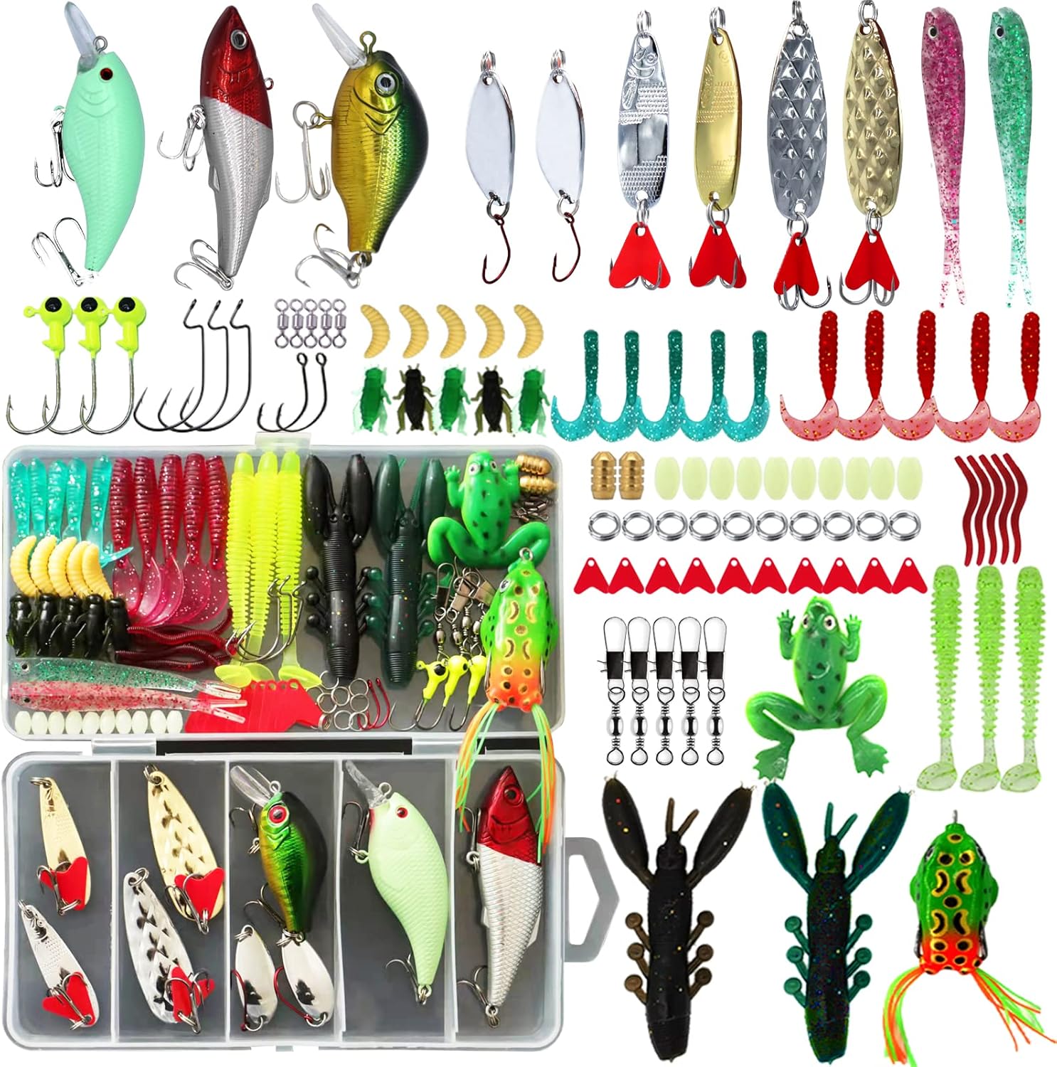 Fishing Lures Kit, Spoon Lures, Soft Plastic Wo, Frog Lures, Bait Tackle Kit for Bass, Trout, Salmon for Freshwater and Saltwater