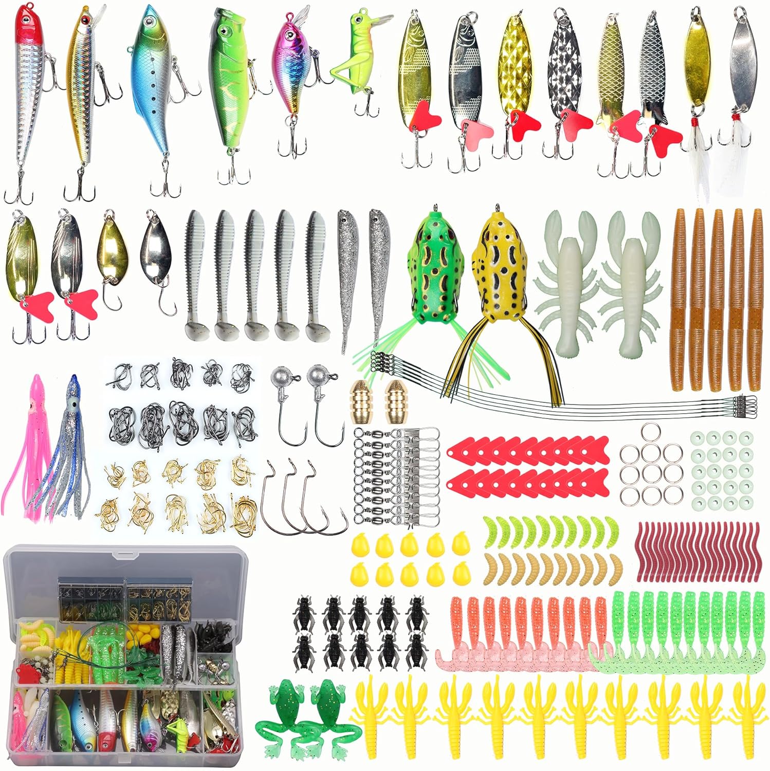 Fishing Lures Set Fish Lure kit for Bass Trout Salmon Freshwater Fish Tackle kit Including Plastic Shrimp Worm Bait Spoon Grasshopper  Jigs Hooks Fishing Gear and Equipment