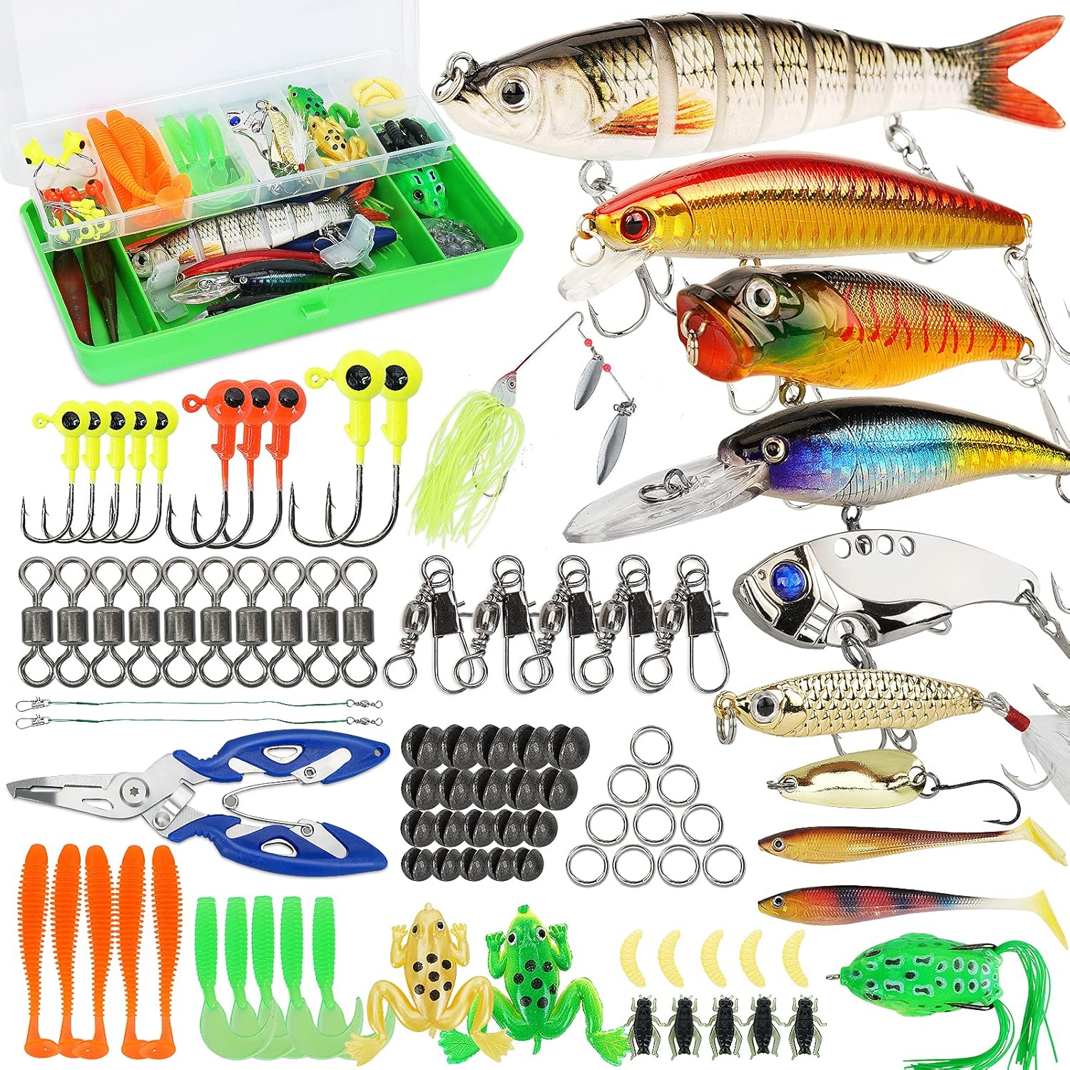 Fishing Lures Tackle Box Bass Fishing Kit Including Animated Lure,,Spinnerbaits,Soft Plastic Wo,  Lures,Hooks,Saltwater & Freshwater Gear kit for Bass,Trout, Salmon.