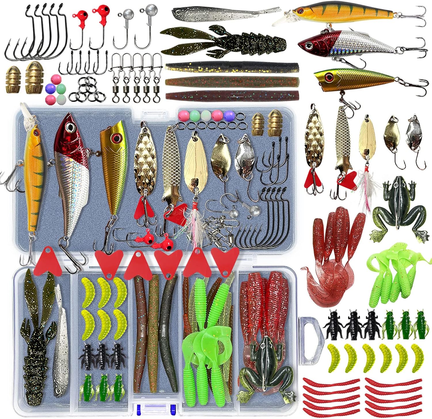 Fishing Lures Kit Set, Baits Tackle Including ,  Lures, Spinnerbaits, Wo, Jigs, Hooks, Tackle Box and More Fishing Gear Lures for Bass Trout