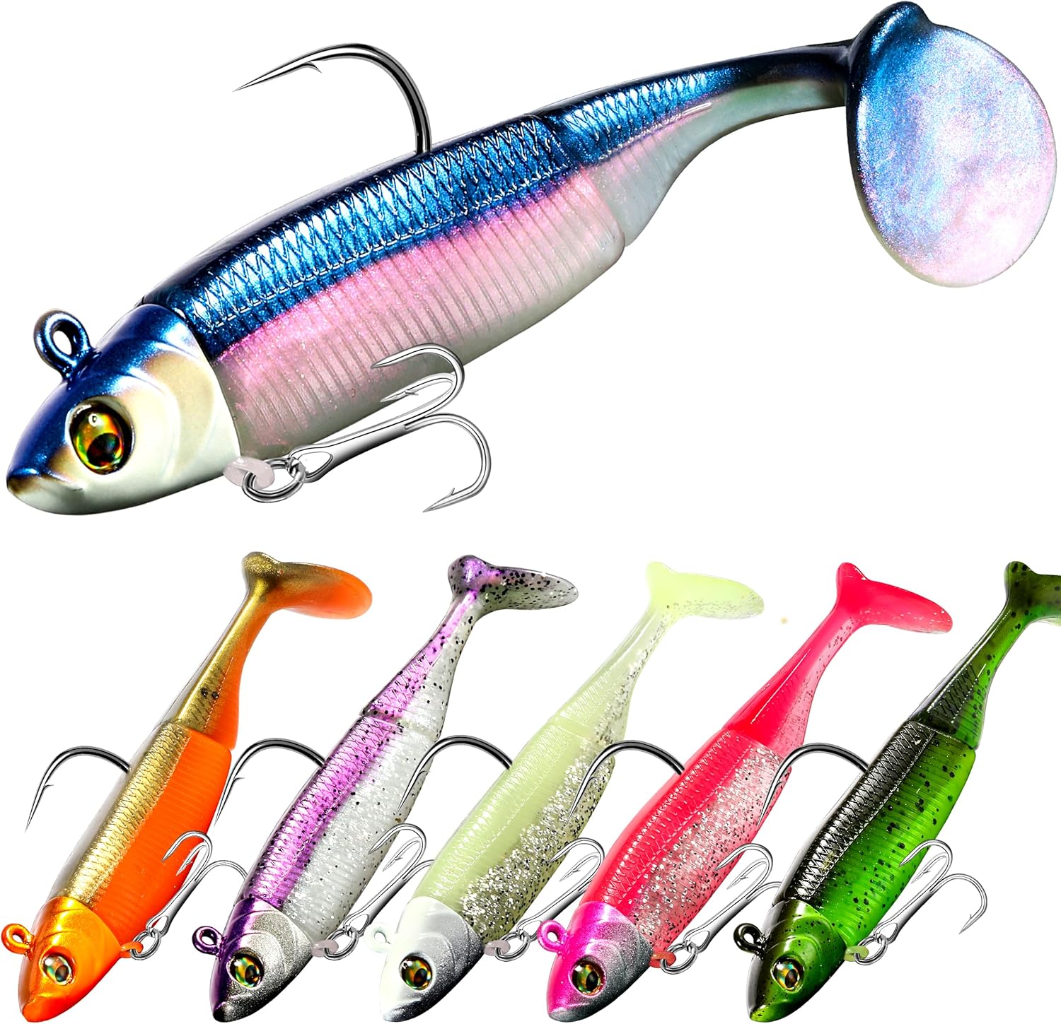 Fishing Lures, Pre-Rigged Jig Head Bass Lures with Paddle Tail, Fishing Bait for Freshwater Saltwater, Soft Plastic Fishing Lures Baits for Trout Crappie Fishing Gear, Fishing Gifts for Men