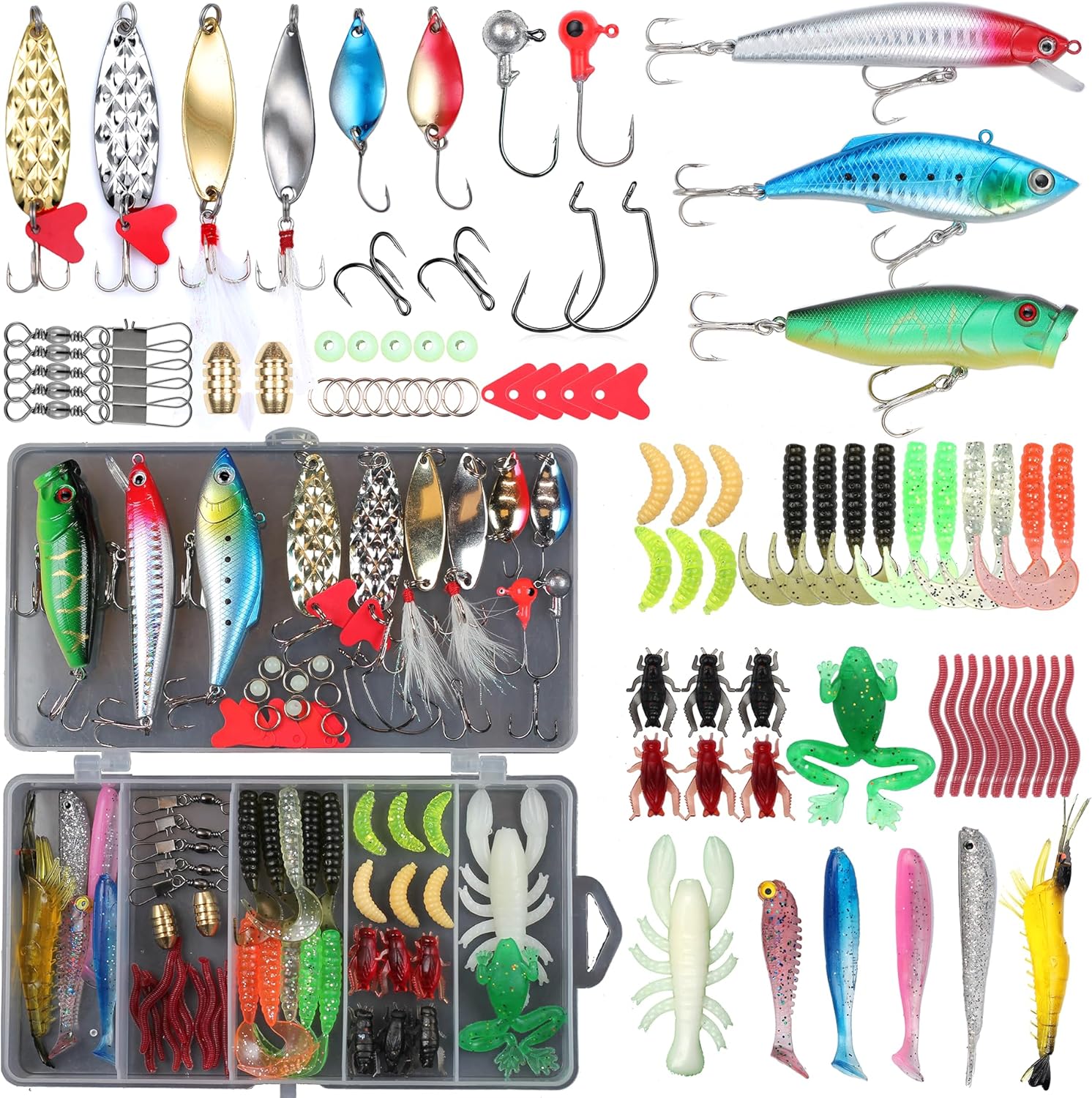 Fishing Lures Set Fish Lure kit for Bass Trout Salmon Freshwater Fish Tackle kit Including Plastic Shrimp Worm Bait Spoon Grasshopper  Jigs Hooks Fishing Gear and Equipment