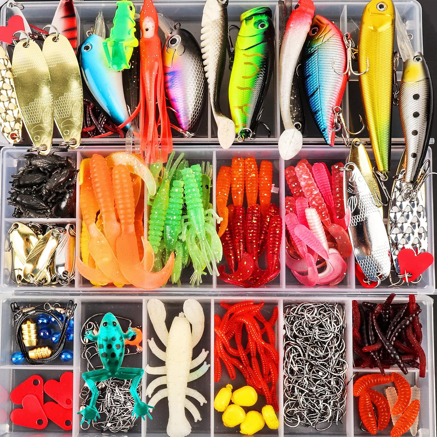 375 Lifelike Freshwater Fishing Lures Kit Fishing Tackle Box,2 Big Frogs Grasshopper Lures,Plopping ,Artificial Bait Fishing Spoons Saltwater Pencil Bait for Bass Trout Bass Salmon as Gift