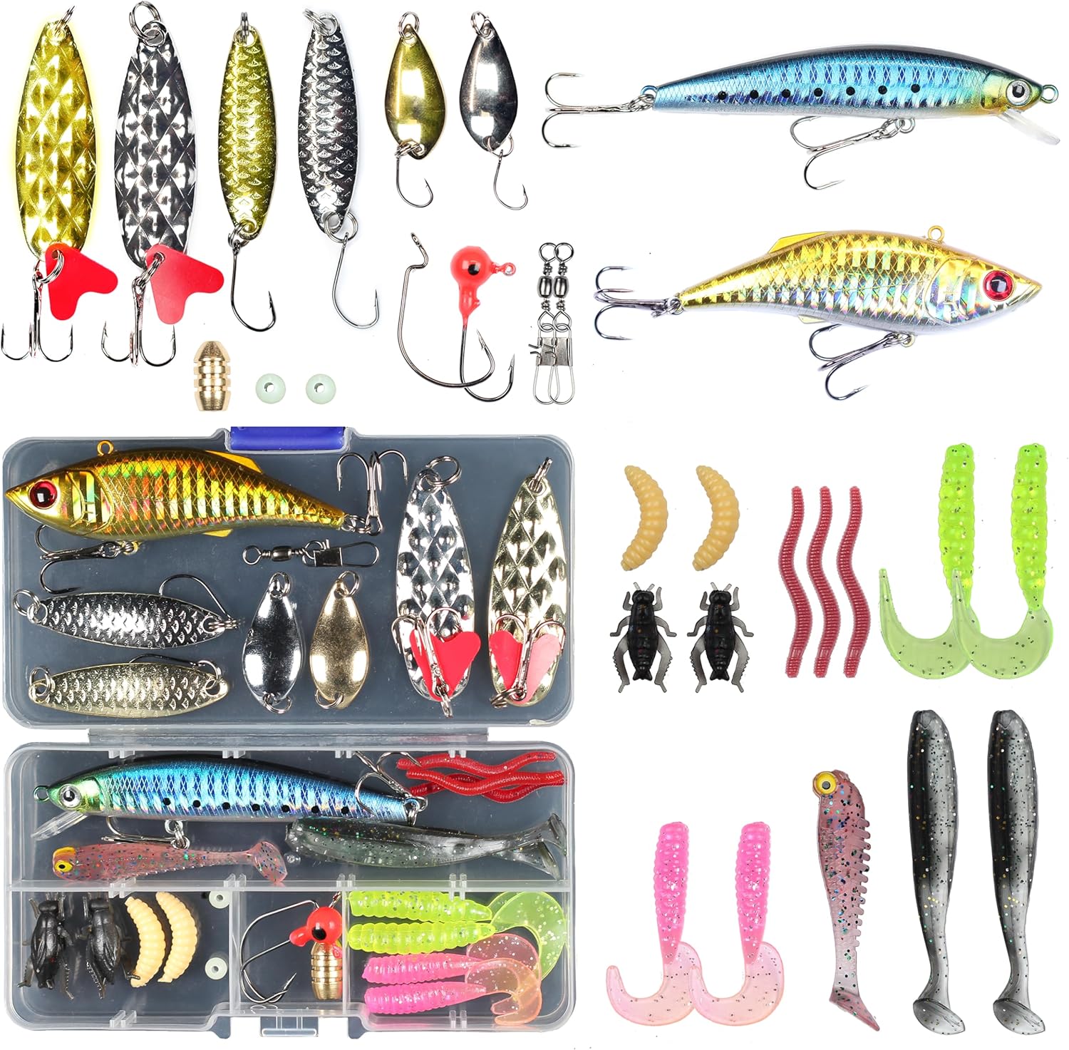 Fishing Lures Set Fish Lure kit for Bass Trout Salmon Freshwater Fish Tackle kit Including Plastic Shrimp Worm Bait Spoon Grasshopper  Jigs Hooks Fishing Gear and Equipment
